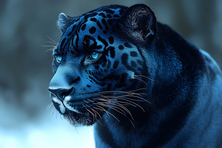 Striking portrait of a black panther (melanistic leopard) highlighted in vivid blue-toned lighting, showcasing its powerful gaze and intricate fur patterns. ideal for wildlife art and artistic photography designs. Generative AIの素材