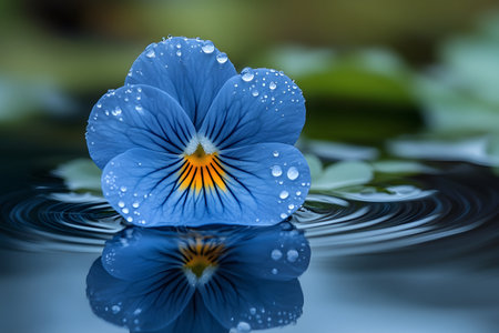 A serene blue pansy adorned with dewdrops floats delicately on a rippled water surface. the soft reflections and natural hues create a calming and peaceful nature scene ideal for relaxation themes. Generative AIの素材