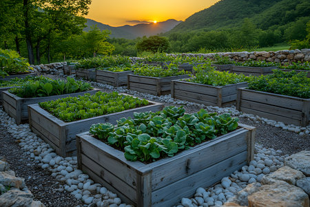 Raised garden beds filled with lush green vegetables are set against a backdrop of serene mountains at sunset. the carefully arranged stone pathways and wooden beds reflect harmony with nature and sustainable agricultural practices. Generative AIの素材