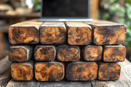 A stack of aged wooden beams with a rich, rustic texture arranged in a workshop setting. the dark brown wood tones highlight the natural grain, evoking a sense of warmth and craftsmanship, ideal for construction or design themes. Generative AIの素材