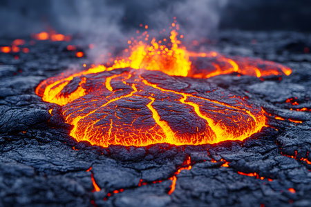 Vivid depiction of molten lava flowing from a volcanic crater, showcasing nature's raw power. the intense contrast between the glowing lava and the dark, hardened surface highlights the dynamic geological process. Generative AIの素材
