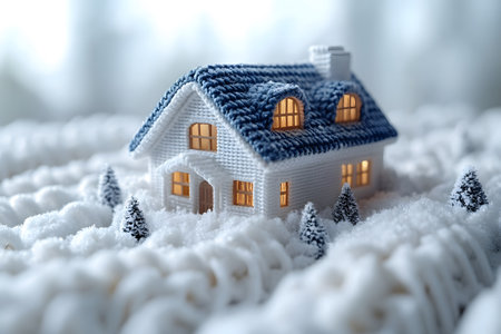 A charming miniature cottage with glowing windows sits amid a snow-covered landscape, evoking warmth and tranquility. surrounded by small, snow-dusted trees, the scene features intricate knit textures, perfect for winter or holiday-themed designs. Generative AIの素材