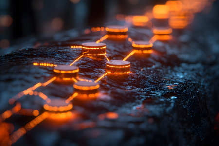 Futuristic neon circuit elements glow softly, trailing over a wet, reflective surface, creating a sense of advanced technology and innovation. ideal for projects related to digital tech, sci-fi, and cyber themes. Generative AIの素材