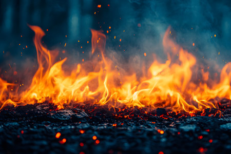 Vivid display of flames and glowing embers against a dark backdrop, capturing the intense energy and movement of fire. ideal for creative designs, backgrounds, and concepts emphasizing heat, energy, and transformation. Generative AIの素材
