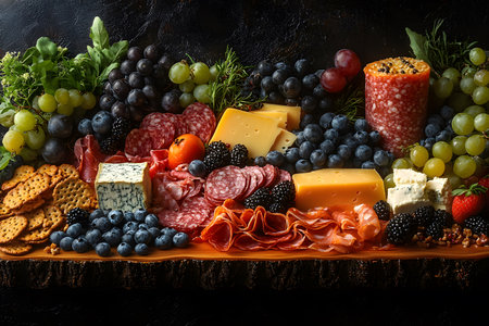 A beautifully arranged charcuterie board featuring a variety of cheeses, cured meats, fresh fruits, and crackers. perfect for entertaining, the board showcases a balance of colors and textures, ideal for party presentations and special events. Generative AIの素材