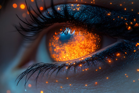 A close-up of a human eye featuring a cosmic, fiery glow within the iris, symbolizing creativity and imagination. the surrounding sparkle enhances the celestial ambiance, evoking a sense of wonder and mystique. Generative AIの素材