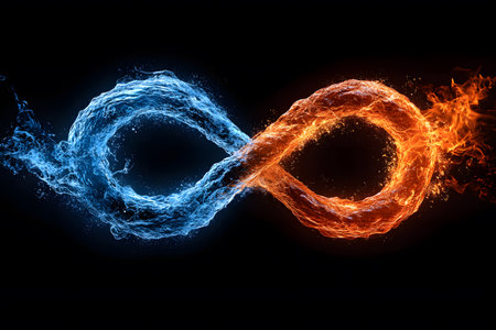 Fiery and icy elements intertwine to form an infinity symbol against a dark background, symbolizing the balance of opposites. the contrasting colors and textures create a dynamic visual representation of duality and eternity. Generative AIの素材