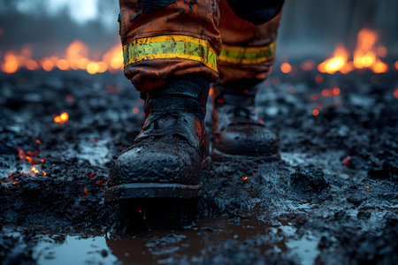 A firefighter walks through a burned landscape, wearing protective boots and gear. the scene emphasizes the harsh conditions and resilience required in emergency firefighting efforts. smoke lingers in the air, the intense environment. Generative AIの素材