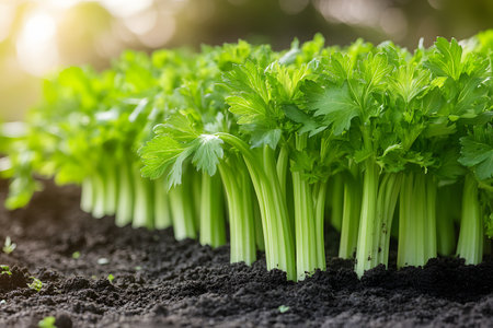 Lush, green celery stalks thrive in rich, dark soil, illuminated by soft natural sunlight. the vibrant garden setting symbolizes growth, health, and sustainability, appealing to organic farming enthusiasts and healthy living advocates. Generative AIの素材
