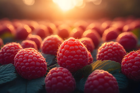 Ripe raspberries glow under the warm, golden sunrise, creating a picturesque scene of summer abundance. sunlight highlights the dewy texture of the fruit, symbolizing natural freshness and organic beauty. Generative AIの素材