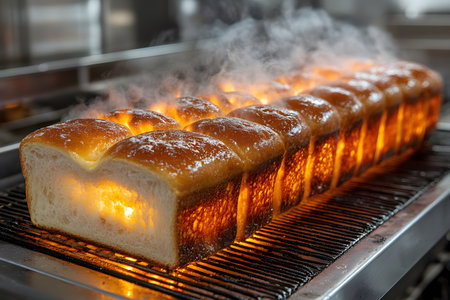 Freshly baked artisan bread steaming on a grill, showcasing rich textures and golden crusts. captured in a professional kitchen setting, culinary excellence and craftsmanship ideal for food advertising and restaurant decor. Generative AIの素材