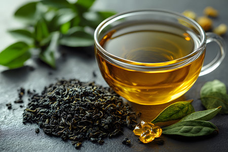 A clear glass cup filled with warm, golden black tea is surrounded by a small pile of loose black tea leaves, fresh green leaves, and a piece of honeycomb. the composition suggests a refreshing, aromatic tea experience ideal for beverage design or culinary projects. Generative AIの素材