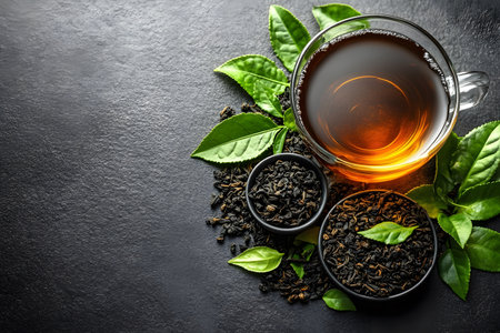 Black tea in a clear glass cup surrounded by fresh green leaves sits gracefully on a dark textured surface. loose tea leaves in small bowls complement the elegant, minimalist composition, suitable for beverage design and print. Generative AIの素材