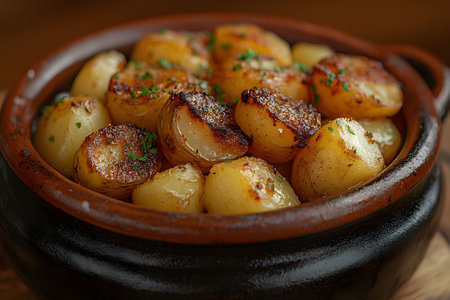 Crispy, golden-brown roasted potatoes served in a traditional clay pot, garnished with fresh herbs. this rustic dish highlights comfort food with rich textures and flavors, perfect for culinary presentations or recipe features. Generative AIの素材