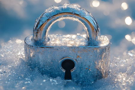 A padlock encased in ice glistens under the winter sun, symbolizing protection and resilience. the intricate details of the ice crystals and the metallic sheen convey a sense of security and fortitude. Generative AIの素材