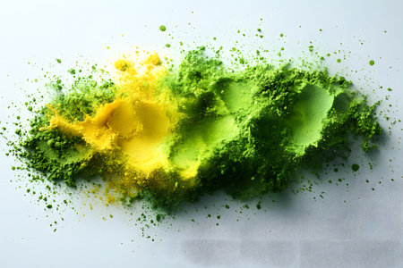 Dynamic display of green and yellow color powder scattered against a clean background, ideal for creative design concepts, art projects, or marketing campaigns vivid color contrasts and energy. Generative AIの素材