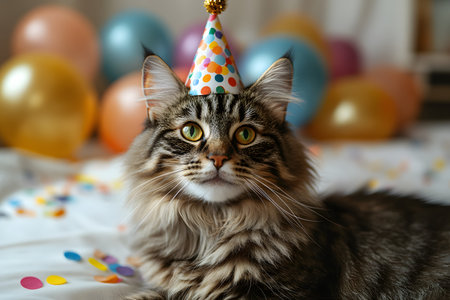 A fluffy cat wearing a festive party hat lies on a bed adorned with colorful confetti and vibrant balloons. the scene conveys a joyful celebration, perfect for themes related to parties, holidays, or fun occasions. Generative AIの素材