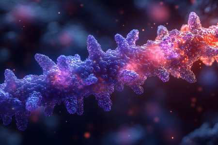 A dynamic digital rendering of a molecular structure in vivid purples and reds showcases intricate details and textures. this abstract visualization is perfect for scientific presentations or educational purposes, emphasizing creativity in molecular science. Generative AIの素材