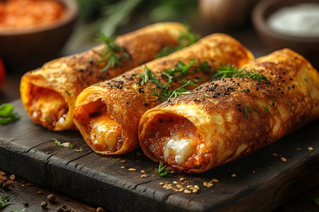 Three golden-brown, cheese-stuffed crepes, garnished with herbs and seeds, are artfully arranged on a wooden board. the rich textures and warm tones evoke a rustic culinary experience, ideal for food lovers. Generative AIの素材
