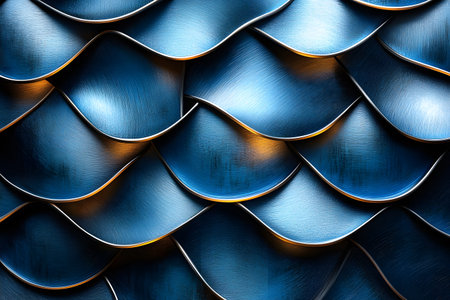 A mesmerizing abstract design featuring a pattern of metallic waves in blue with subtle gold highlights. the intricate texture and reflective surfaces create a captivating visual effect, suitable for contemporary design, print, and digital media. Generative AIの素材