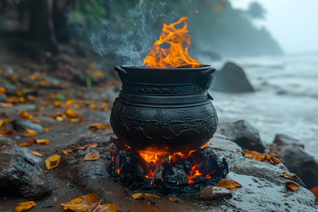 A dark, intricately designed pot sits over an open flame on the beach. surrounded by fallen autumn leaves and rocks, the scene exudes a mystical ambiance with a misty seaside backdrop, suggesting a ritualistic or outdoor cooking experience. Generative AIの素材
