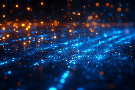 A futuristic digital grid illuminated by glowing blue and orange particles, creating a mesmerizing abstract pattern. the vibrant lights suggest dynamic motion, ideal for technology-themed projects and digital design inspiration. Generative AIの素材