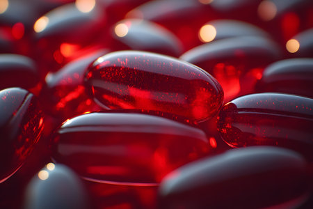 A close-up shot of glossy red capsules, showcasing their translucent texture and vibrant glow. ideal for illustrating concepts related to healthcare, medicine, pharmaceutical products, and supplements. Generative AIの素材