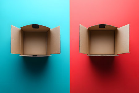 Two open cardboard boxes are placed side by side against a split bright blue and red background, creating a striking contrast. this minimalist composition highlights themes of choice, duality, and simplicity, perfect for modern design projects. Generative AIの素材