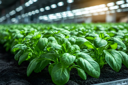 Lush green plants thriving in a modern indoor hydroponic farm, illuminated by energy-efficient led lights. the setup showcases advanced sustainable agriculture techniques focused on optimizing plant growth and resource efficiency. Generative AIの素材