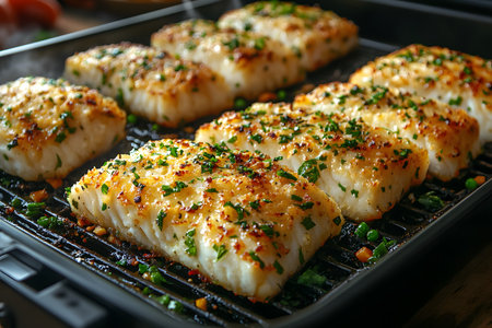 Herb-crusted fish fillets grilled to perfection on a pan. the pieces are seasoned with herbs and spices, creating a golden, crispy texture ideal for gourmet meals or culinary presentations in food photography. Generative AIの素材