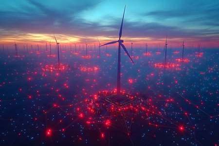 A digital network seamlessly integrates with wind turbines against a vibrant sunset, symbolizing the growth of renewable energy and smart technology convergence. the glowing lights and turbines create a futuristic landscape. Generative AIの素材