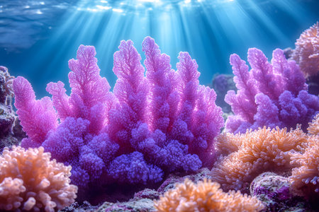Vibrant coral formations in shades of purple and orange flourish under a sunlit ocean surface. sunbeams penetrate the water, the intricate textures and vibrant colors of the reef, showcasing marine biodiversity. Generative AIの素材