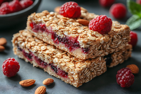 Delicious raspberry almond oat bars featuring layers of oats, jam, and whole almonds. these nutritious snacks are ideal for breakfast or on-the-go meals, combining sweet and nutty flavors with a wholesome texture. Generative AIの素材