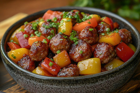 A rustic bowl filled with savory glazed meatballs, accompanied by vibrant red, yellow, and orange bell peppers. garnished with fresh chives, this appetizing dish offers a perfect blend of flavors and colors, ideal for culinary presentations or food blogs. Generative AIの素材