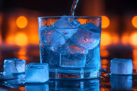 A close-up of a glass of water filled with ice cubes against a backdrop of warm, glowing bokeh lights. the cool blue tones of the glass contrast with the fiery orange lights, creating a refreshing, enticing visual ideal for bar and drink-themed designs. Generative AIの素材