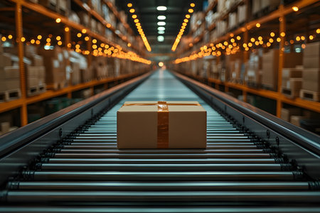 A well-organized warehouse showcases a central conveyor system transporting a packaged box. rows of shelves stocked with boxes are visible in the background, illuminated by warm lighting. the image emphasizes logistics efficiency and modern distribution. Generative AIの素材
