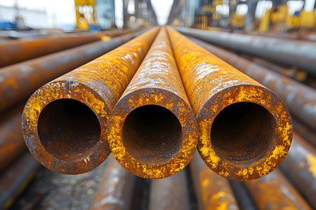Close-up of rusted industrial pipes aligned in a row at a construction site. the vivid rust texture and repetitive pattern provide a striking visual, capturing the essence of industrial decay and material aging. Generative AIの素材
