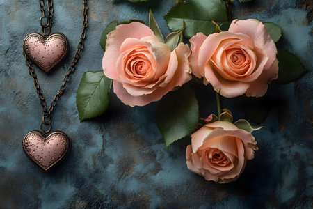 Three delicate pink roses lie on a textured blue surface beside heart-shaped metal pendants. the composition evokes romantic themes, making it ideal for valentine s day designs, cards, or decorative purposes. Generative AIの素材