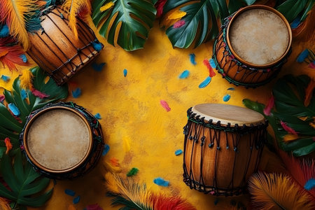Tropical percussion scene featuring traditional drums surrounded by colorful feathers and lush palm leaves on a vibrant yellow background. perfect for festive, cultural, and musical decor designs. Generative AIの素材