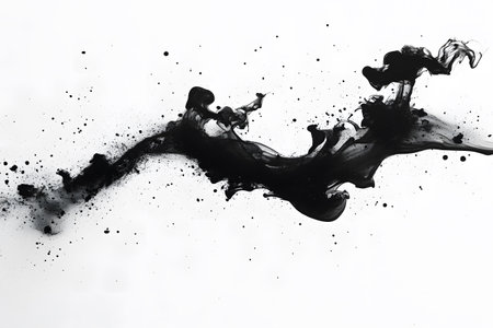 Black ink appears to dynamically flow across a stark white background, creating a striking contrast. the swirling and splattering patterns evoke a sense of movement and energy, ideal for modern art and design themes. Generative AIの素材