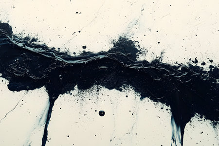Dynamic abstract art featuring bold black paint splatter on a white canvas. the contrast and fluid motion create a striking visual, perfect for contemporary design projects, modern art prints, or unique backgrounds. Generative AIの素材