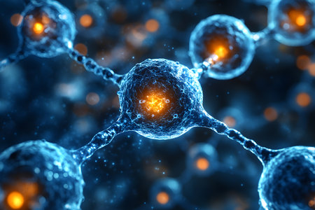 Detailed depiction of glowing molecules interconnected in a network, emphasizing scientific themes of molecular biology and biochemistry. vibrant blue tones highlight the complexity and brilliance of molecular connections. Generative AIの素材