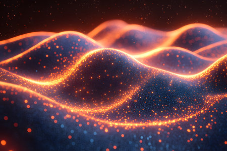 Dynamic abstract art featuring glowing, wave-like shapes in vibrant orange and blue hues with scattered particles. ideal for modern design purposes, bringing an energetic and futuristic touch to creative projects. Generative AIの素材