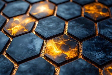 A mesmerizing hexagonal pattern featuring illuminated, fiery textures set against a dark, metallic surface. this abstract design offers a dynamic visual for digital art, graphic design, or technology-themed projects. Generative AIの素材