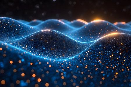 A digital landscape featuring abstract waves adorned with glowing particles. the scene presents a futuristic design, utilizing vibrant blue and orange light dots, creating a mesmerizing and high-tech visual effect. Generative AIの素材