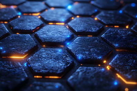 A close-up view of a futuristic hexagonal pattern with a textured surface. blue and orange lights illuminate the edges, creating a striking, high-tech aesthetic. ideal for technology, innovation, and future-themed designs. Generative AIの素材