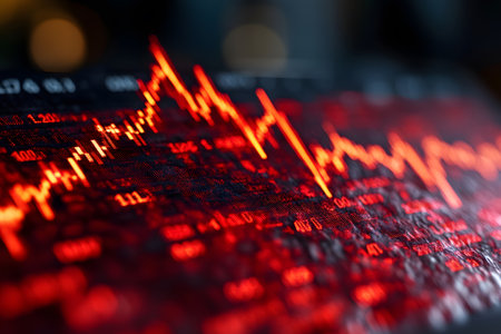 A vivid red graph on a digital display showcases fluctuating financial trends, embodying dynamic market analysis and real-time data tracking. this visually striking representation is ideal for financial reports, presentations, and business insights. Generative AIの素材