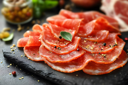 Thinly sliced cured meats artfully arranged on a slate serving board, garnished with whole peppercorns and fresh herbs. ideal for gourmet dining, charcuterie presentations, and culinary inspiration. Generative AIの素材