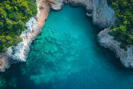 A stunning aerial view vibrant turquoise waters of a coastal area flanked by dramatic rocky cliffs and lush green foliage. the natural beauty of the seascape creates a serene and captivating ambiance. Generative AIの素材