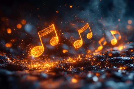 Glowing musical notes made of fire float over a dark, textured surface, creating a contrast between light and shadow. the fiery elements suggest energy and creativity, making it suitable for concepts related to music and art. Generative AIの素材